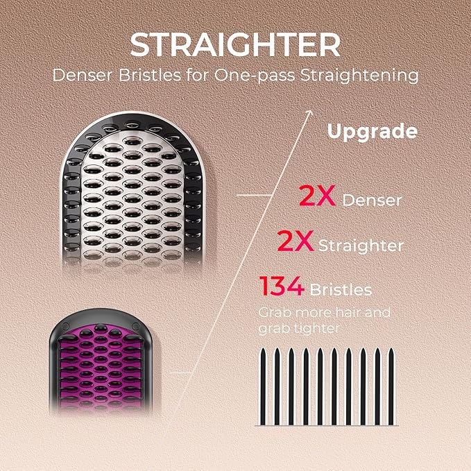 TYMO Hair Straightener Brush - Upgraded Ionic Plus Straightening Brush with Dense Bristles, 16 Temps, Dual Voltage | Ceramic Hot Comb for Women | Flat Iron for Thick Curly Hair, Gold-Velvo Beauty