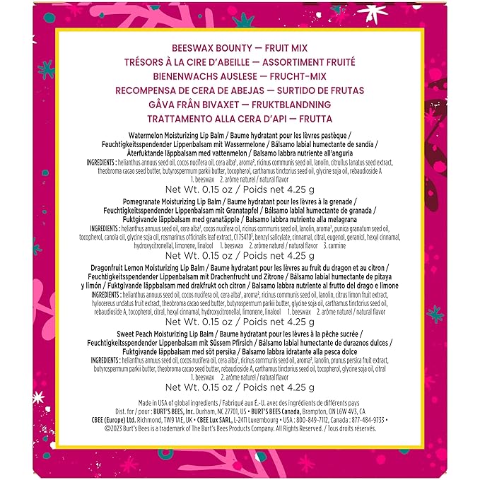 Burt's Bees Lip Balm Gift Set, Beeswax Bounty Fruit Mix, Perfect Lip Balms for Holiday Gift Baskets, 4-Pack, 0.15 oz.-Velvo Beauty