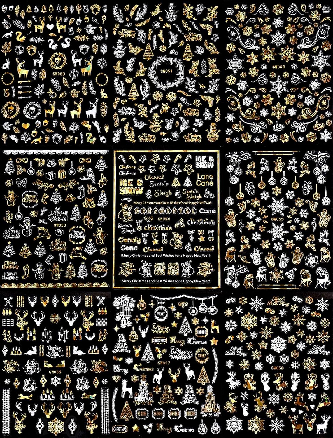 9 Sheets Christmas Nail Art Stickers Decals Self-Adhesive Pegatinas Uñas Gold White Nail Supplies Nail Art Design Decoration Accessories-Velvo Beauty