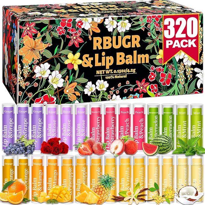320 Pcs Lip Balm Bulk, 12 Flavored Pack of Lip Balms Natural Lip Balm Pack, Moisturising Organic Lip Balm Set for Cracked Lips, Bulk Gifts Stocking Stuffers Party Favors(4.2g/0.15oz)-Velvo Beauty
