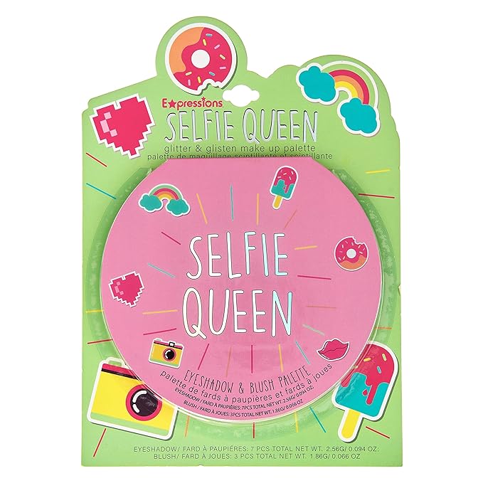 Expressions Selfie Queen Glisten & Glitter Makeup Palette 10 Color Eyeshadow Palette & Blush Makeup Novelty Beauty Set, Fold Out Compact with Mirror, Cute Makeup Kit Gifts - Washable, Non-Toxic-Velvo Beauty