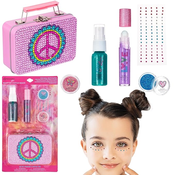 Expressions 6pc Peace & Rhinestones Beauty Set w/Tin Box Storage Case - Body Spray, Body Glitter, Mini Body Gems, and Lip Gloss Set,Washable + Non Toxic-Velvo Beauty