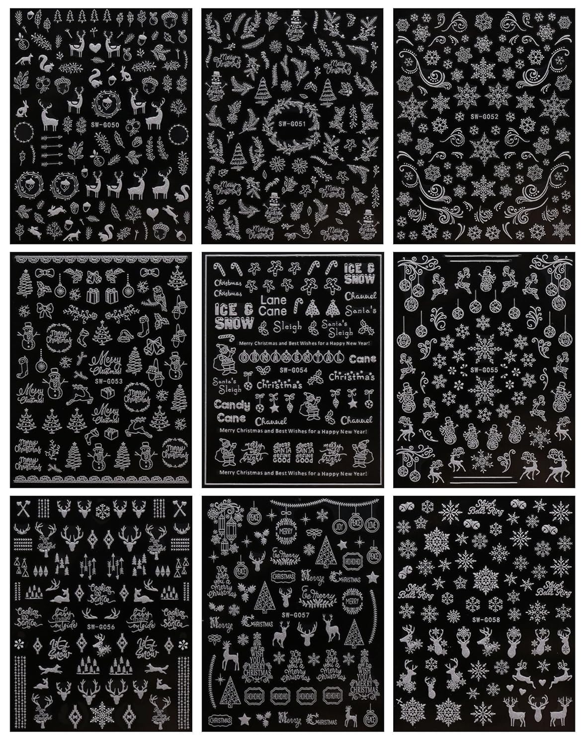 JMEOWIO 9 Sheets Christmas Glitter Nail Art Stickers Decals Self-Adhesive Snowflake Winter Holiday White Nail Supplies Nail Art Design Decoration Accessories-Velvo Beauty