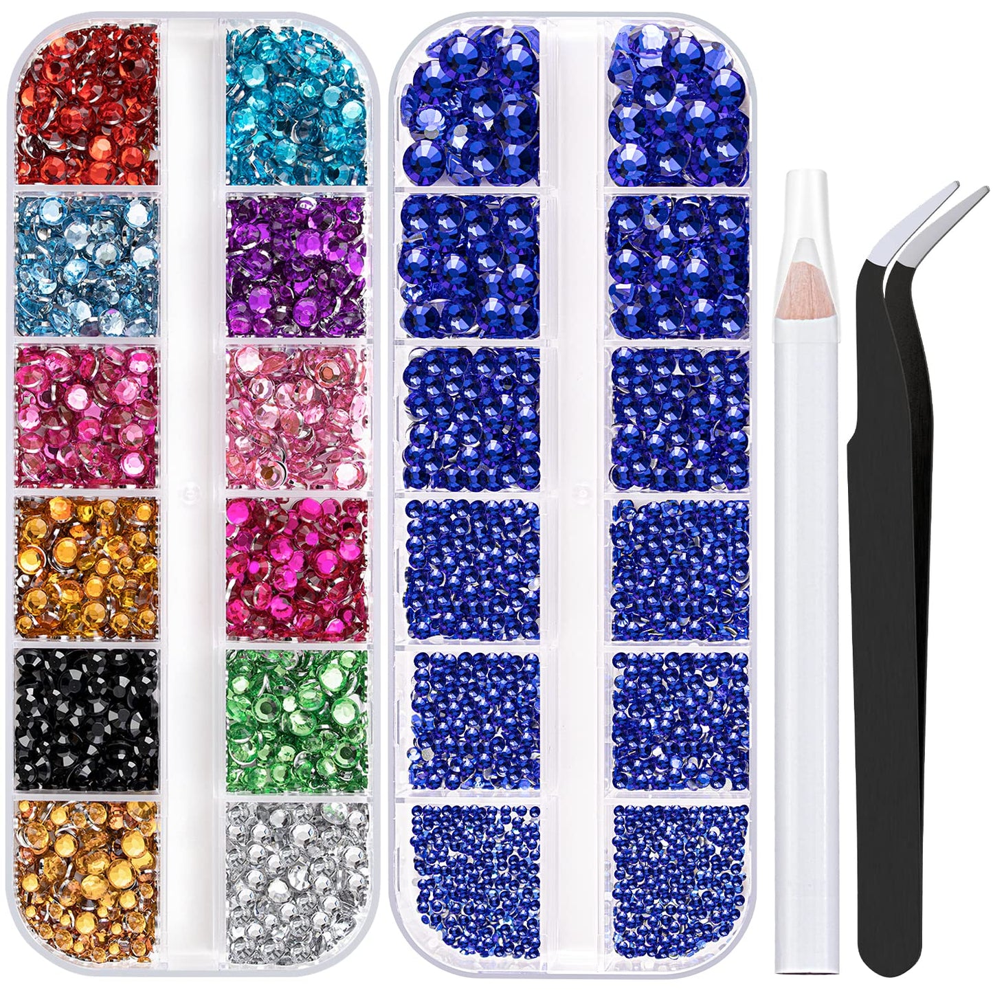 Two Packs of Flatback Rhinestones 4520 Pcs Colorful Nail Art Rhinestones Flatback Crystal Colorful+Royal Blue Rhinestone with Picker Pencil and Tweezer for Nail Art and Decoration-Velvo Beauty