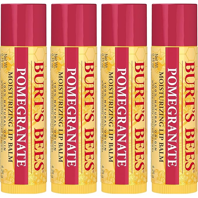 Burt's Bees Lip Balm - Pomegranate, Lip Moisturizer With Responsibly Sourced Beeswax, Tint-Free, Natural Origin Conditioning Lip Treatment, 4 Tubes, 0.15 oz.-Velvo Beauty