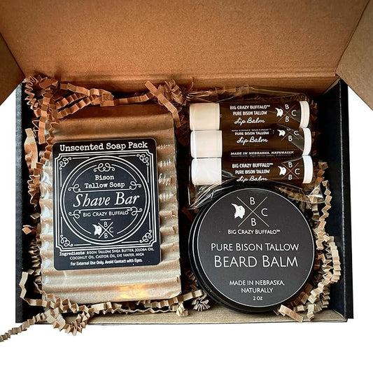 Pure Bison Tallow Beard Gift Set - Shave Bar, Beard Balm, Unscented Lip Balm - Conditions, Strengthens, Moisturizes, Soothes, Softens, Naturally Derived, No Dyes, Naturally Derived-Velvo Beauty