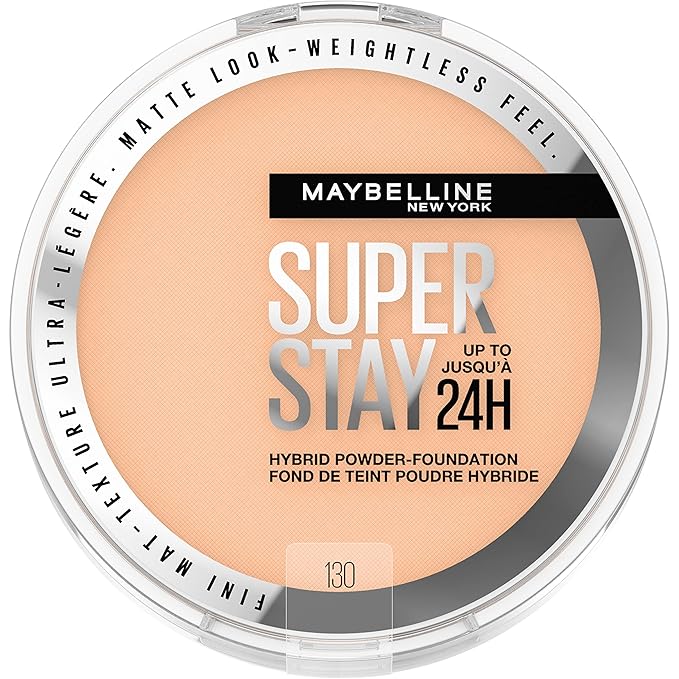 Maybelline Super Stay Up to 24HR Hybrid Powder-Foundation, Medium-to-Full Coverage Makeup, Matte Finish, 130, 1 Count-Velvo Beauty