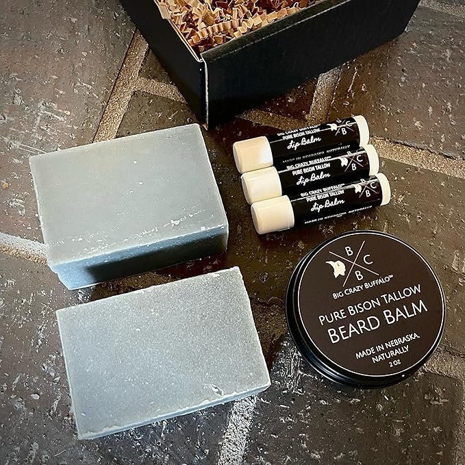 Pure Bison Tallow Beard Gift Set - Shave Bar, Beard Balm, Unscented Lip Balm - Conditions, Strengthens, Moisturizes, Soothes, Softens, Naturally Derived, No Dyes, Naturally Derived-Velvo Beauty