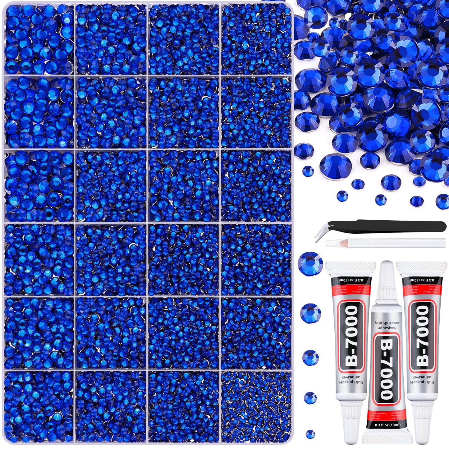 30000Pcs Resin Royal Blue Rhinestones for Bedazzling Crafting with b7000 Jewelry Glue, Bulk Flatback Gems Bedazzler Kit for Crafts Clothes Shoes Fabric Nail Diamond Art, Assorted Size 2/3/4/5/6mm-Velvo Beauty