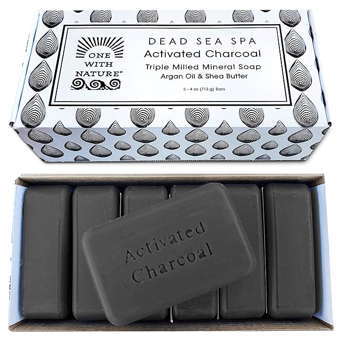 One With Nature Activated Charcoal Soap 4oz 6-Pack Gift Box – Detoxifying and Exfoliating Charcoal Soap Bar with Dead Sea Salt for Face & Body, for Men & Women-Velvo Beauty