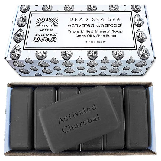 One With Nature Activated Charcoal Soap 4oz 6-Pack Gift Box – Detoxifying and Exfoliating Charcoal Soap Bar with Dead Sea Salt for Face & Body, for Men & Women-Velvo Beauty