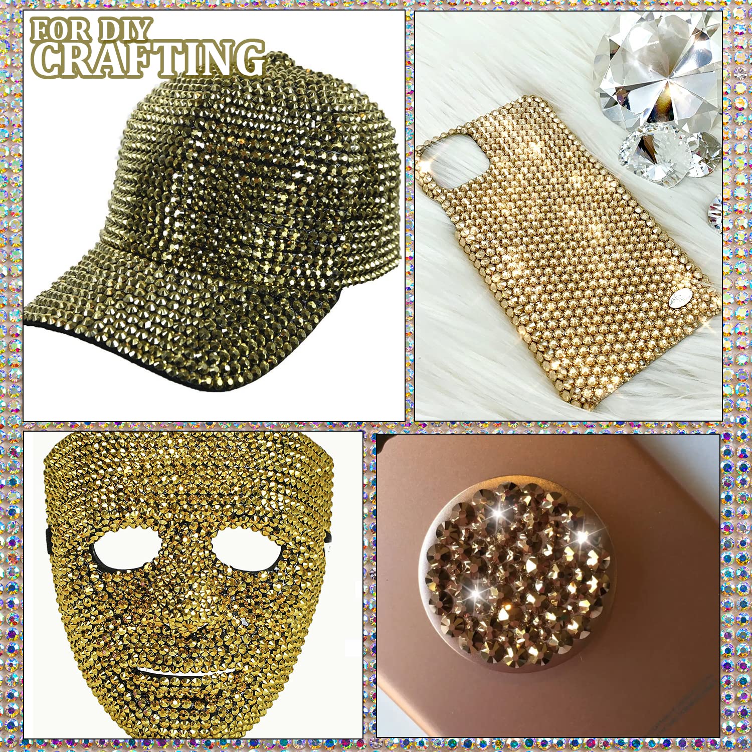 One Pack 2000 Pcs of Flatback Round Mineral Gold Rhinestones 6 Sizes (1.5-6 mm) with Nail Art Rhinestone Picker Pencil and Tweezers for DIY and Salon Use-Velvo Beauty