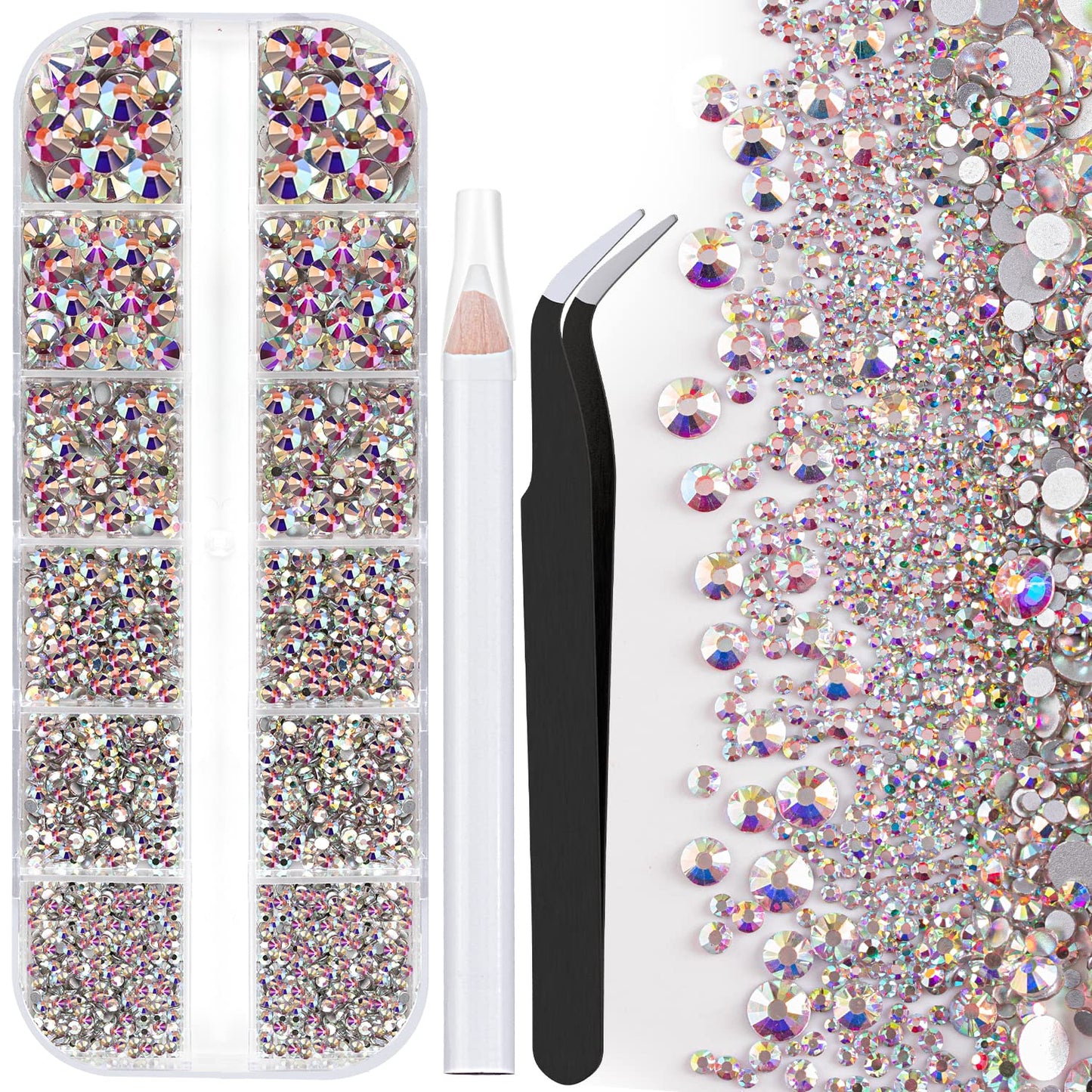One Pack 2000 Pcs of Flatback Round AB Crystal Rhinestones 6 Sizes (1.5-6 mm) with Nail Art Rhinestone Picker Pencil and Tweezer for DIY and Salon Use-Velvo Beauty