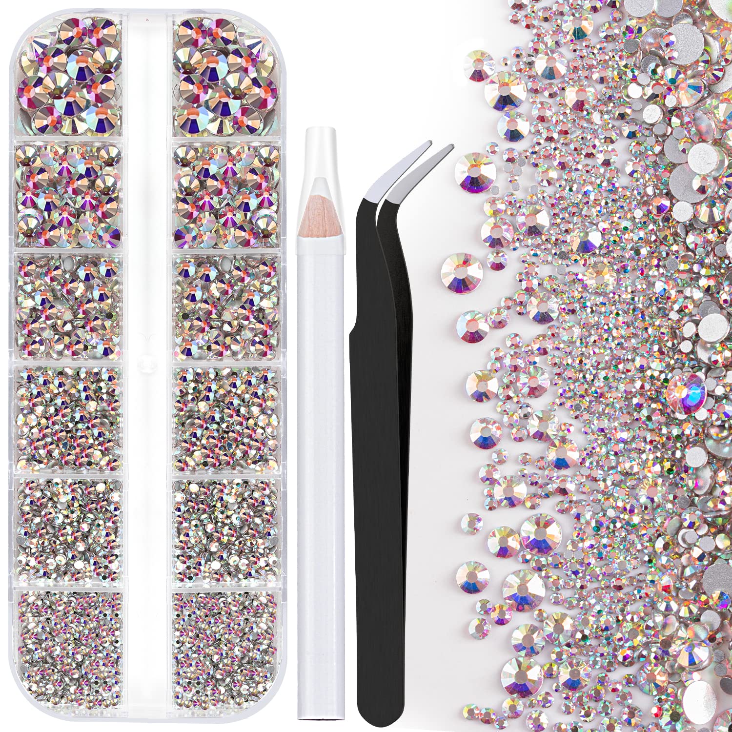 One Pack 2000 Pcs of Flatback Round AB Crystal Rhinestones 6 Sizes (1.5-6 mm) with Nail Art Rhinestone Picker Pencil and Tweezer for DIY and Salon Use-Velvo Beauty