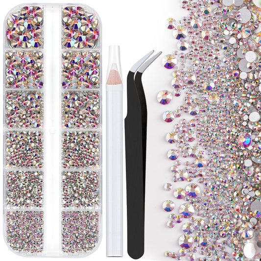 One Pack 2000 Pcs of Flatback Round AB Crystal Rhinestones 6 Sizes (1.5-6 mm) with Nail Art Rhinestone Picker Pencil and Tweezer for DIY and Salon Use-Velvo Beauty
