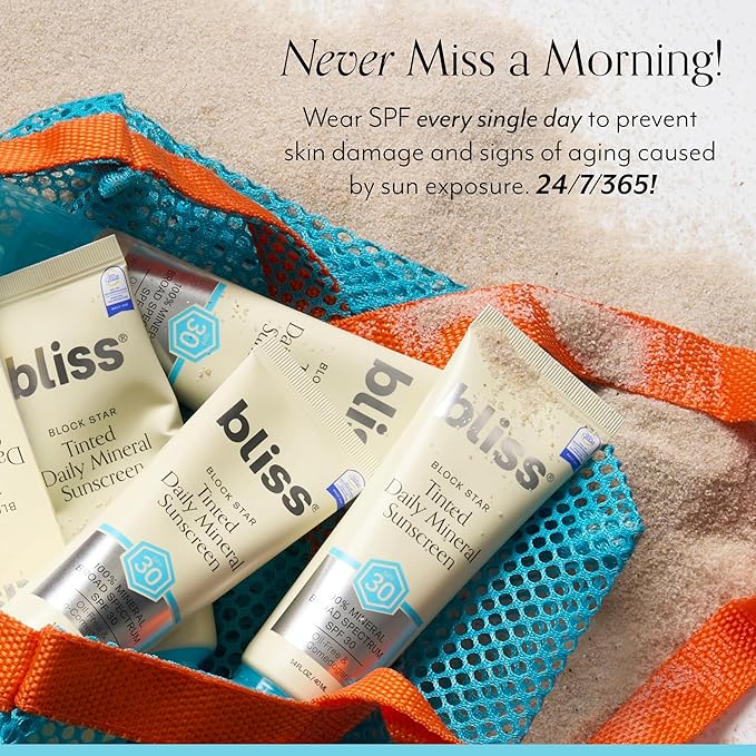 Bliss Block Star SPF 30 Daily Tinted Mineral Sunscreen with Zinc Oxide - All Skin Tones - 100% Mineral Broad Spectrum Sunscreen with Titanium Dioxide & Antioxidant Blend- 1.4 fl oz.-Velvo Beauty