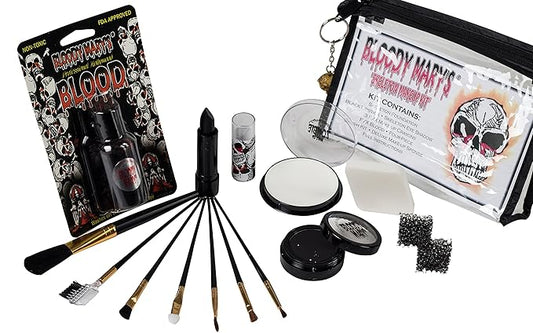 Scary Skeleton Makeup Kit By Bloody Mary - Professional Special Effects Face Makeup Supplies - FX Foundation, Black Blood Lipstick, Eye Shadow, Crayons, Brushes, Blood, Sponge & Case.-Velvo Beauty
