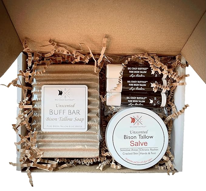 Pure Bison Tallow Unscented Gift Set - Buff Bar, Salve, & 3 Unscented Lip Balms - Cleans, Moisturizes, Soothes, Naturally Derived - No Dyes, Chemicals, Fragrances, or Preservatives-Velvo Beauty