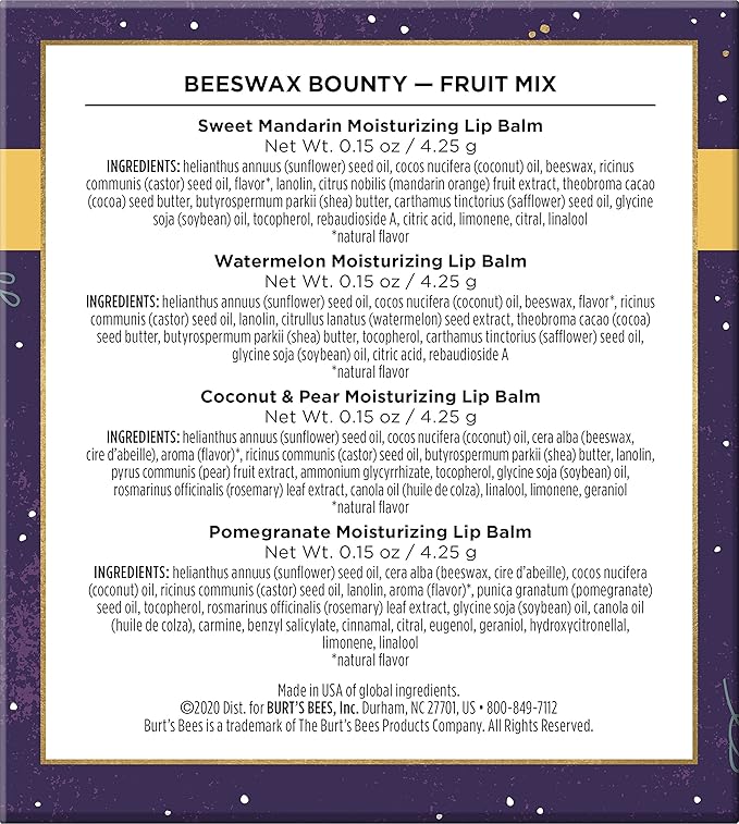 Burt’s Bees Holiday Gift, 4 Lip Balm Stocking Stuffer Products, Beeswax Fruit Set - Pomegranate, Sweet Mandarin, Coconut and Pear & Watermelon (Old Version)-Velvo Beauty