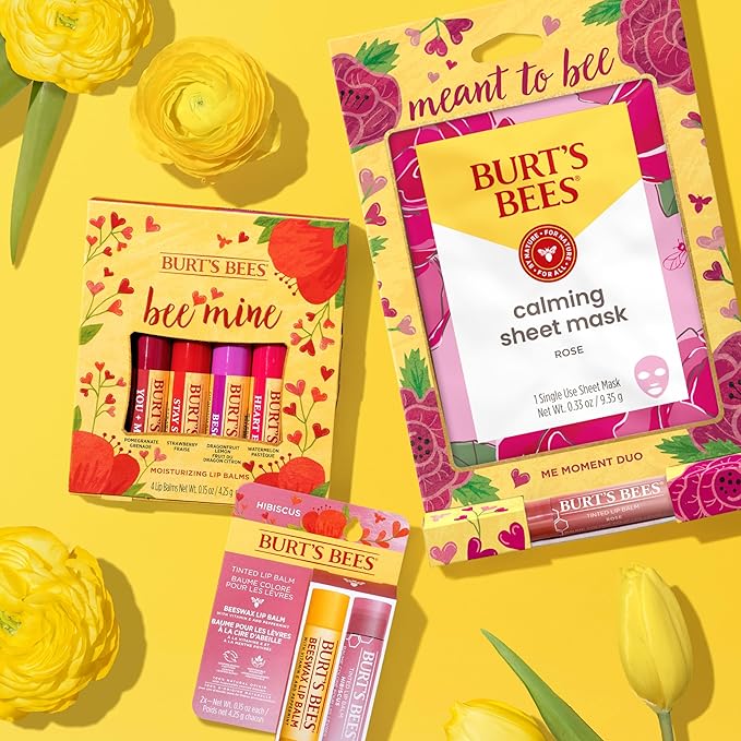 Burt's Bees Bee Mine Lip Balm Gift Set, Strawberry, Dragonfruit Lemon, Pomegranate and Watermelon, 4 Personalized Lip Balms, Pack May Vary-Velvo Beauty