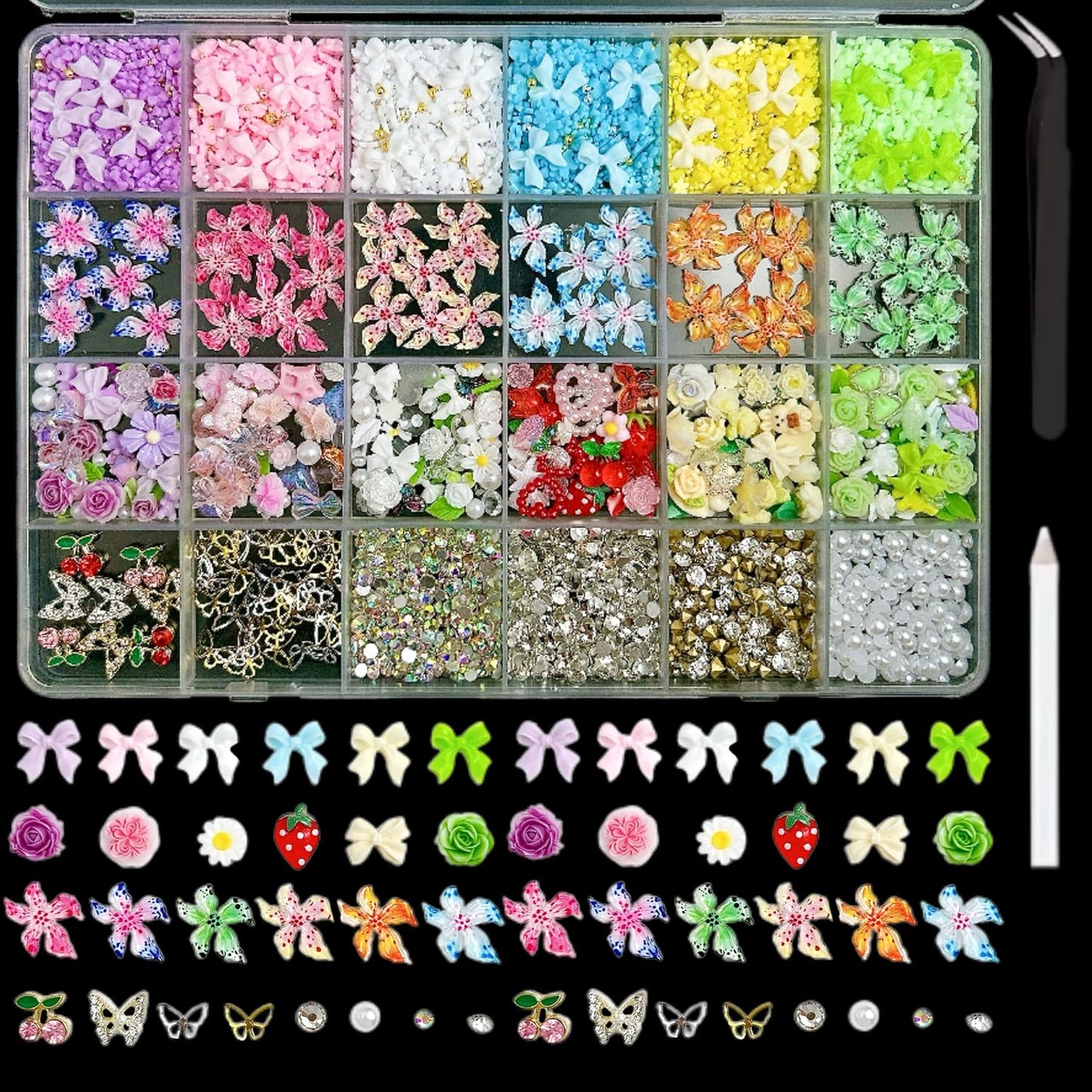 Flower Bow Nail Charms and Gems, 3D Resin Blossom Petals with Caviar Beads Charms for Nails Design，Flatback Pearl Charms Cherry Butterfly Rhinestone Nail Charms for Manicure DIY-Velvo Beauty