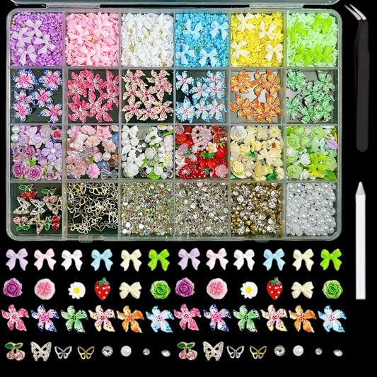 Flower Bow Nail Charms and Gems, 3D Resin Blossom Petals with Caviar Beads Charms for Nails Design，Flatback Pearl Charms Cherry Butterfly Rhinestone Nail Charms for Manicure DIY-Velvo Beauty