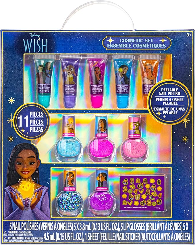 Disney Wish Sparkly Cosmetic Makeup Set for Girls with Lip Gloss Nail Polish Nail Stickers - 11 Pcs | Perfect for Parties Sleepovers Makeovers | Birthday Gift for Girls 3+ by Townley Girl-Velvo Beauty
