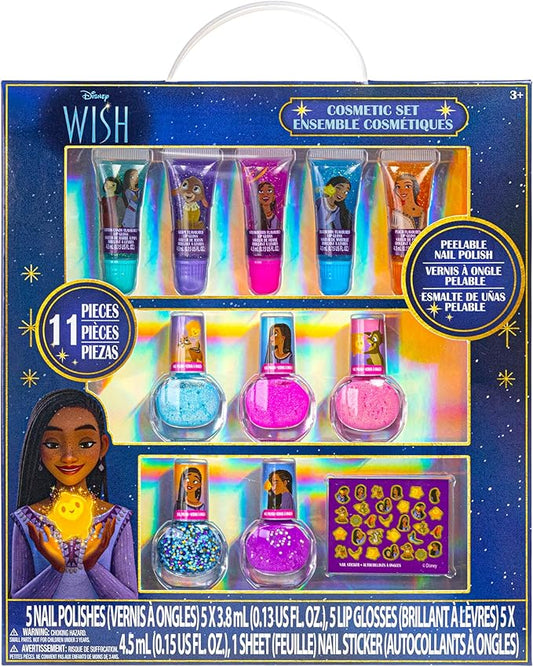 Disney Wish Sparkly Cosmetic Makeup Set for Girls with Lip Gloss Nail Polish Nail Stickers - 11 Pcs | Perfect for Parties Sleepovers Makeovers | Birthday Gift for Girls 3+ by Townley Girl-Velvo Beauty