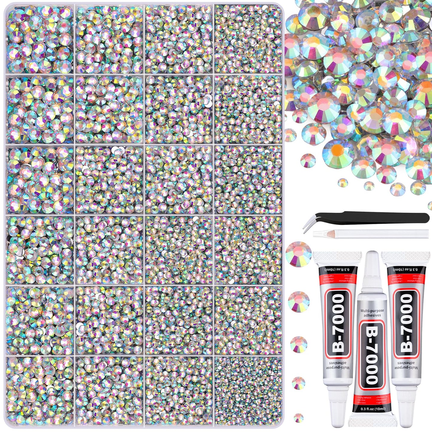 30000Pcs Resin AB Rhinestones for Bedazzling Crafting with b7000 Jewelry Glue, Bulk Flatback Gems Bedazzler Kit for Crafts Clothes Shoes Fabric Nail Diamond Art, Assorted Size 2/3/4/5/6mm-Velvo Beauty