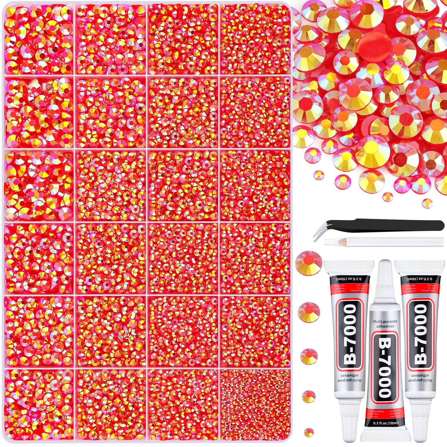 30000Pcs Resin Red AB Rhinestones for Bedazzling Crafting with b7000 Jewelry Glue, Bulk Flatback Gems Bedazzler Kit for Crafts Clothes Shoes Fabric Nail Diamond Art, Assorted Size 2/3/4/5/6mm-Velvo Beauty