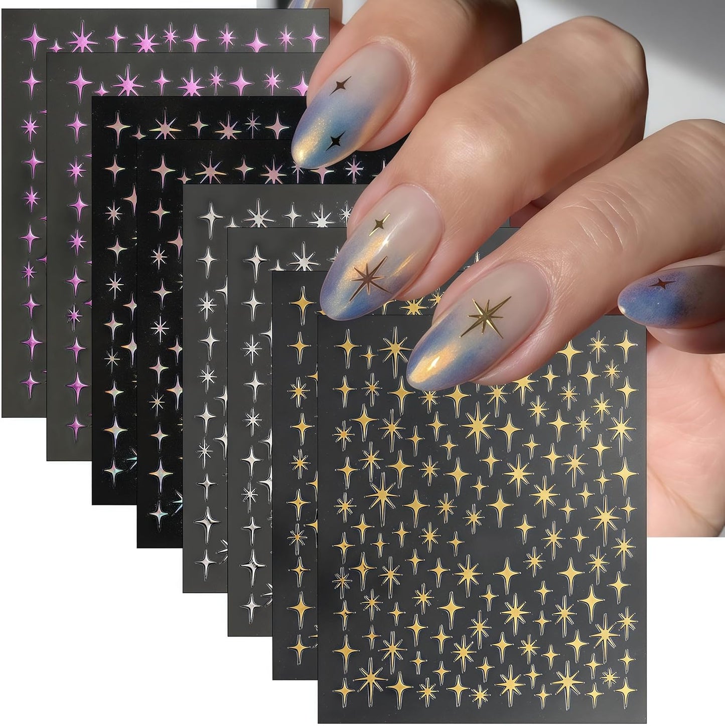 8 Sheet Bronzing Star Nail Stickers 3D Shiny Star Nail Decals Starlight Designs Sticker Nail Gold and Silver Purple Manicure Accessories for Women Nail Decorations-Velvo Beauty