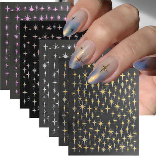 8 Sheet Bronzing Star Nail Stickers 3D Shiny Star Nail Decals Starlight Designs Sticker Nail Gold and Silver Purple Manicure Accessories for Women Nail Decorations-Velvo Beauty