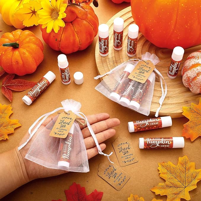 Demissle 50 Pcs Baby Shower Lip Balm Gift Set with 100 Pcs Organza Bags Baby Shower Party Favor for Guest Thank You Tag Rope Baby Shower Party Decoration Gender Reveal Souvenirs(Pumpkin)-Velvo Beauty