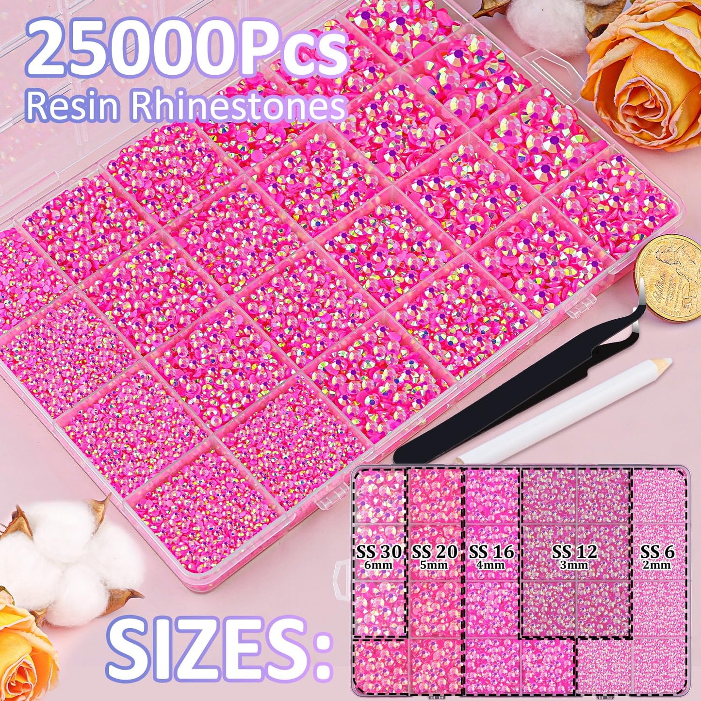 25000Pcs Resin Jelly Rhinestones with Tweezers for Crafting, Hot Pink AB 2-6mm Mixed Sizes Non Hotfix Flatback Gems, Bedazzling Crystal for DIY Crafts Clothing Tumblers Mugs Shoes Decor Nail Art-Velvo Beauty