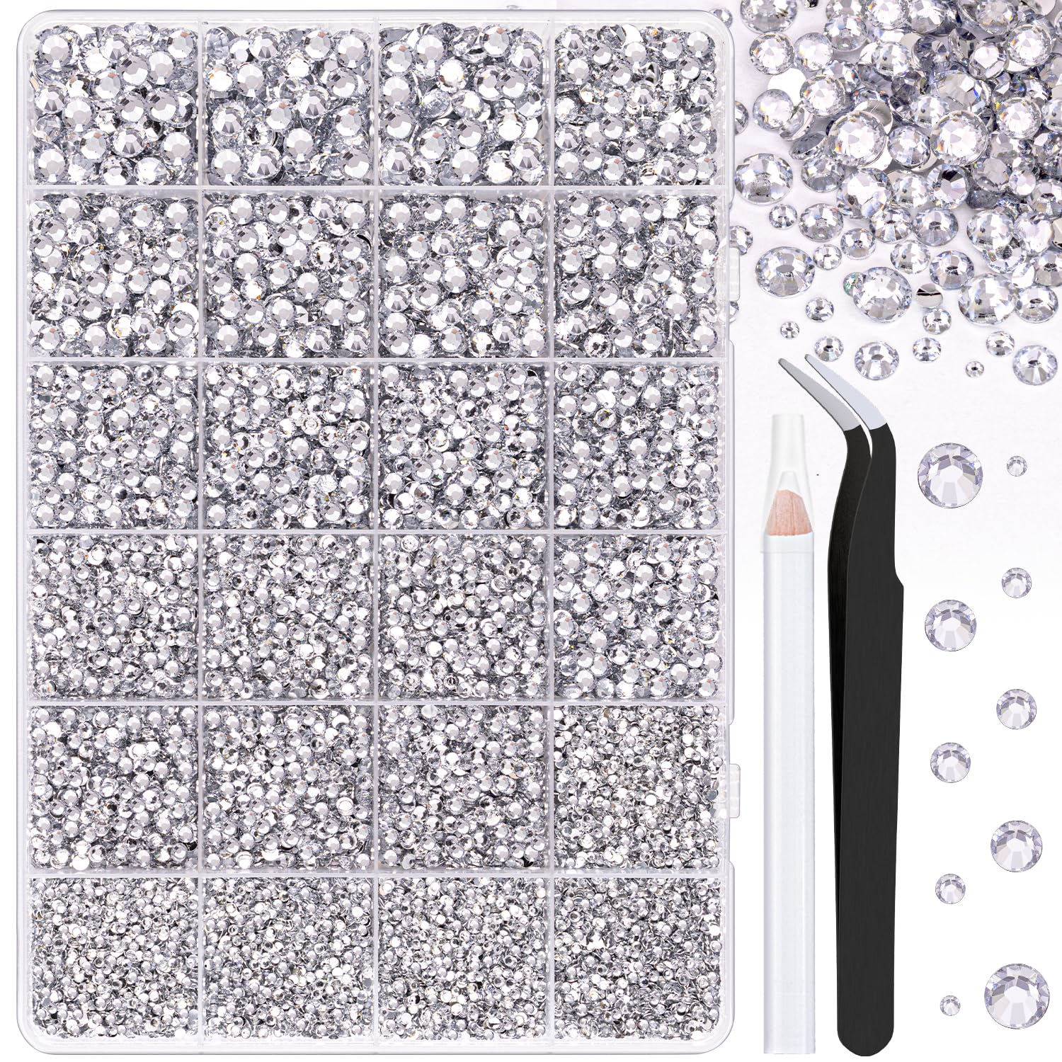 25000Pcs Resin Rhinestones with Tweezers for Crafting, Silver Clear 2-6mm Mixed Sizes Flatback Gems, Bedazzling Crystal for DIY Crafts Clothing Tumblers Mugs Shoes Fabric Decor Nail Art-Velvo Beauty