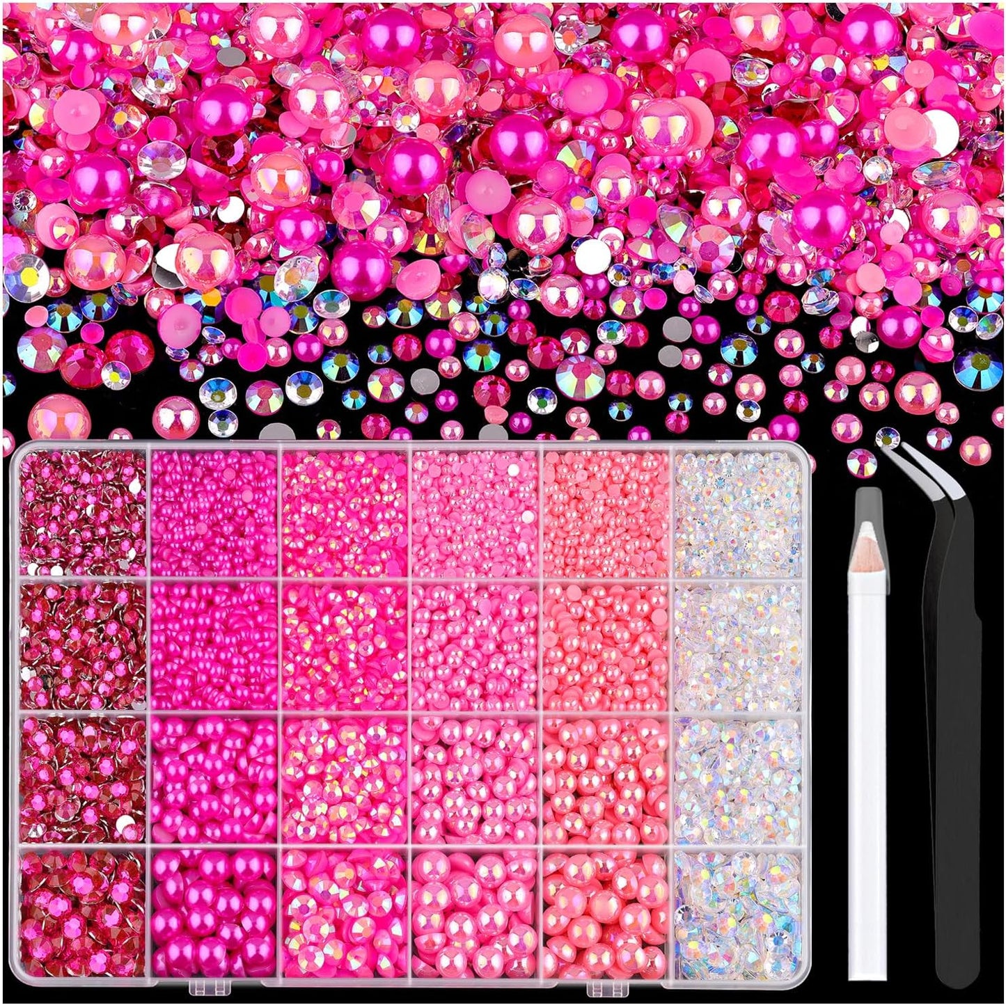 9000PCS Flatback Pearls and Rhinestones for Crafting, Dark Pink Mixed Size 3-10mm Resin Rhinestones and Half Pearls for Bedazzling, Nail Art and Decoration with Tweezer and Pickup Pencil-Velvo Beauty