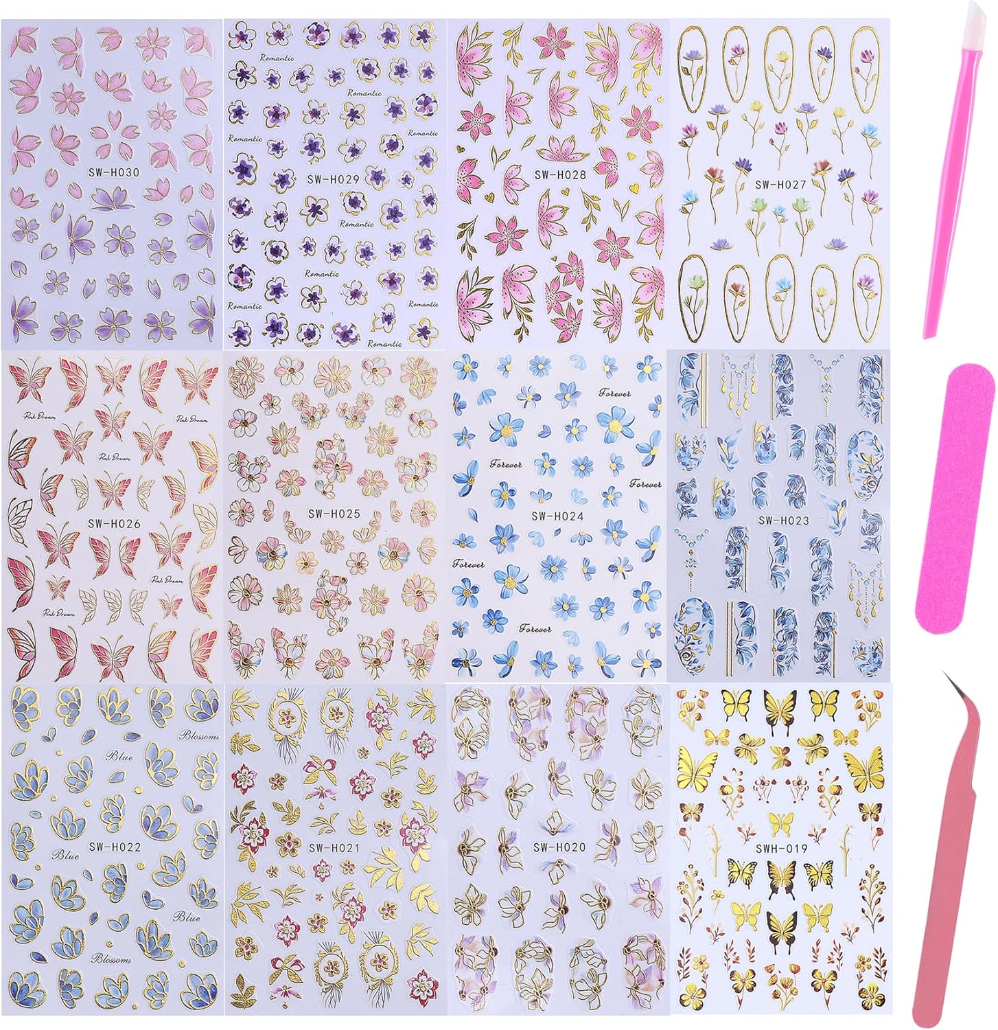 3D Flower Nail Art Stickers Decals Luxury Flower Petal Stickers with Tweezers 12 PCS Self Adhesive Pink Purple Blue Floral Gold Edge Decals Cherry Blossom Lily Summer DIY Manicure Nail Art Decoration-Velvo Beauty