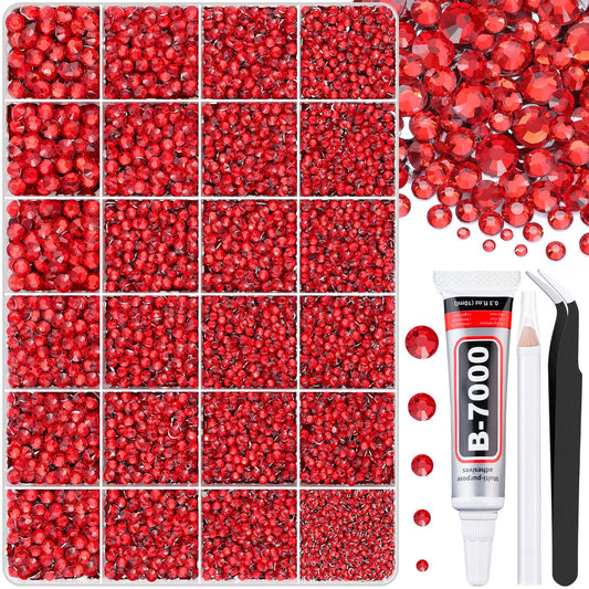 30000Pcs Red Rhinestones for Bedazzling with B7000 Jewelry Glue, Bedazzler Kit Flatback Gems, Resin Rhinestones for Crafting Crafts Clothing Shoes Fabric Nail Art Assorted Size 2/3/4/5/6mm-Velvo Beauty