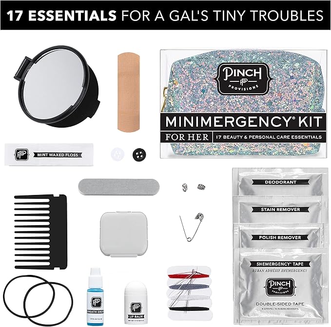 Pinch Provisions Moonstone Glitter Minimergency Kit, includes 17 Travel-Sized Cosmetic Essentials, Convenient for Purses, Emergency Beauty Accessories, Gifts for Holiday’s & Birthday’s-Velvo Beauty