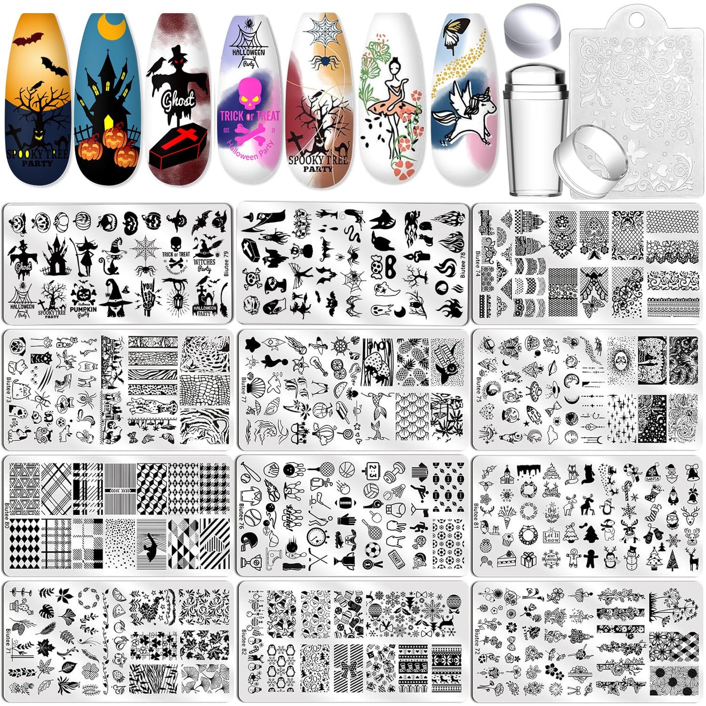Biutee Nail Stamping Plate Set 12Pcs Nail Art Stamping Plates Nail Stamping Kit Nail Stamper Kit Flower Leaves Animal Lace Star Halloween Christmas Design Nail Stamp Plate-Velvo Beauty