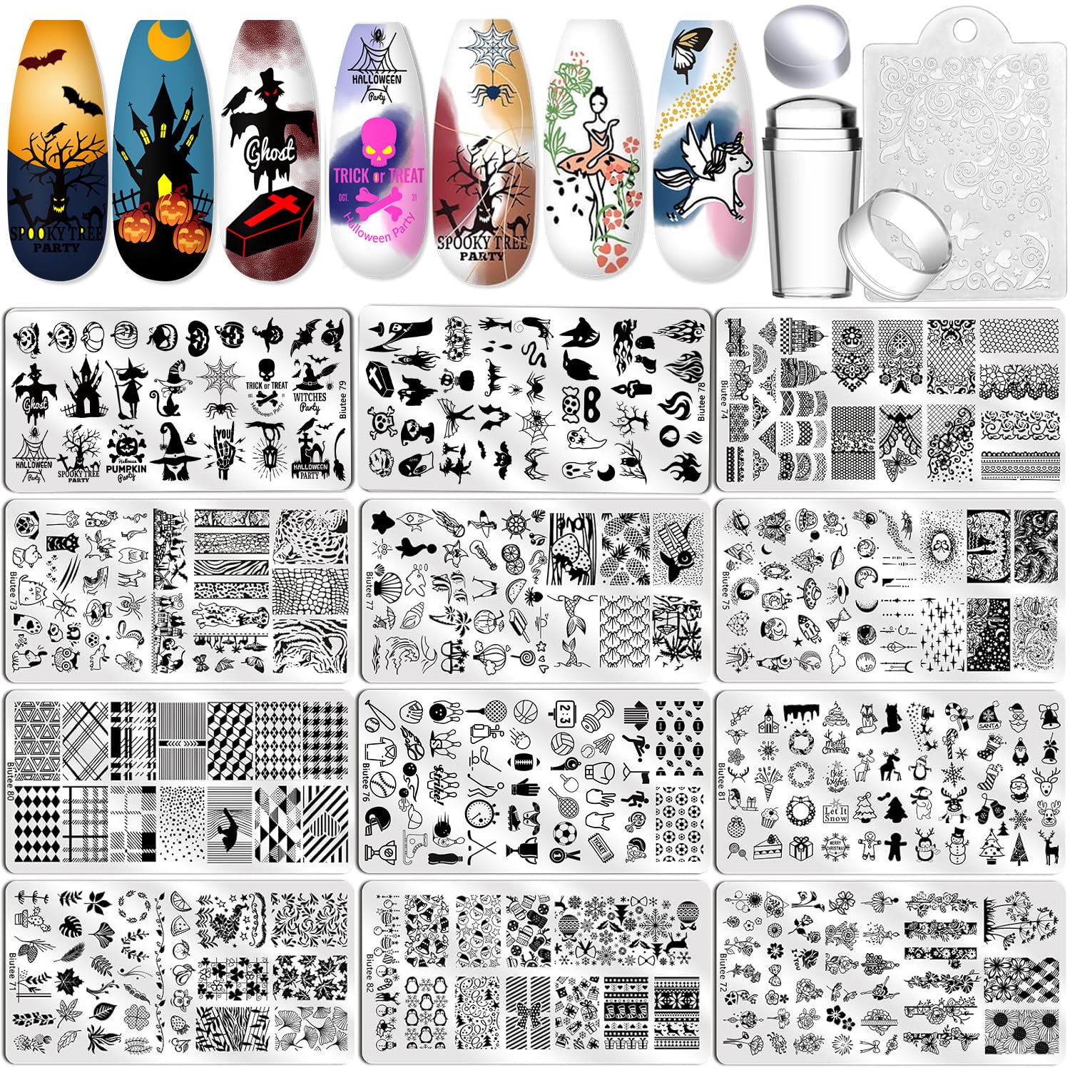 Biutee Nail Stamping Plate Set 12Pcs Nail Art Stamping Plates Nail Stamping Kit Nail Stamper Kit Flower Leaves Animal Lace Star Halloween Christmas Design Nail Stamp Plate-Velvo Beauty