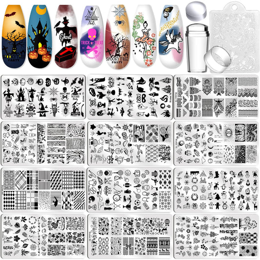 Biutee Nail Stamping Plate Set 12Pcs Nail Art Stamping Plates Nail Stamping Kit Nail Stamper Kit Flower Leaves Animal Lace Star Halloween Christmas Design Nail Stamp Plate-Velvo Beauty