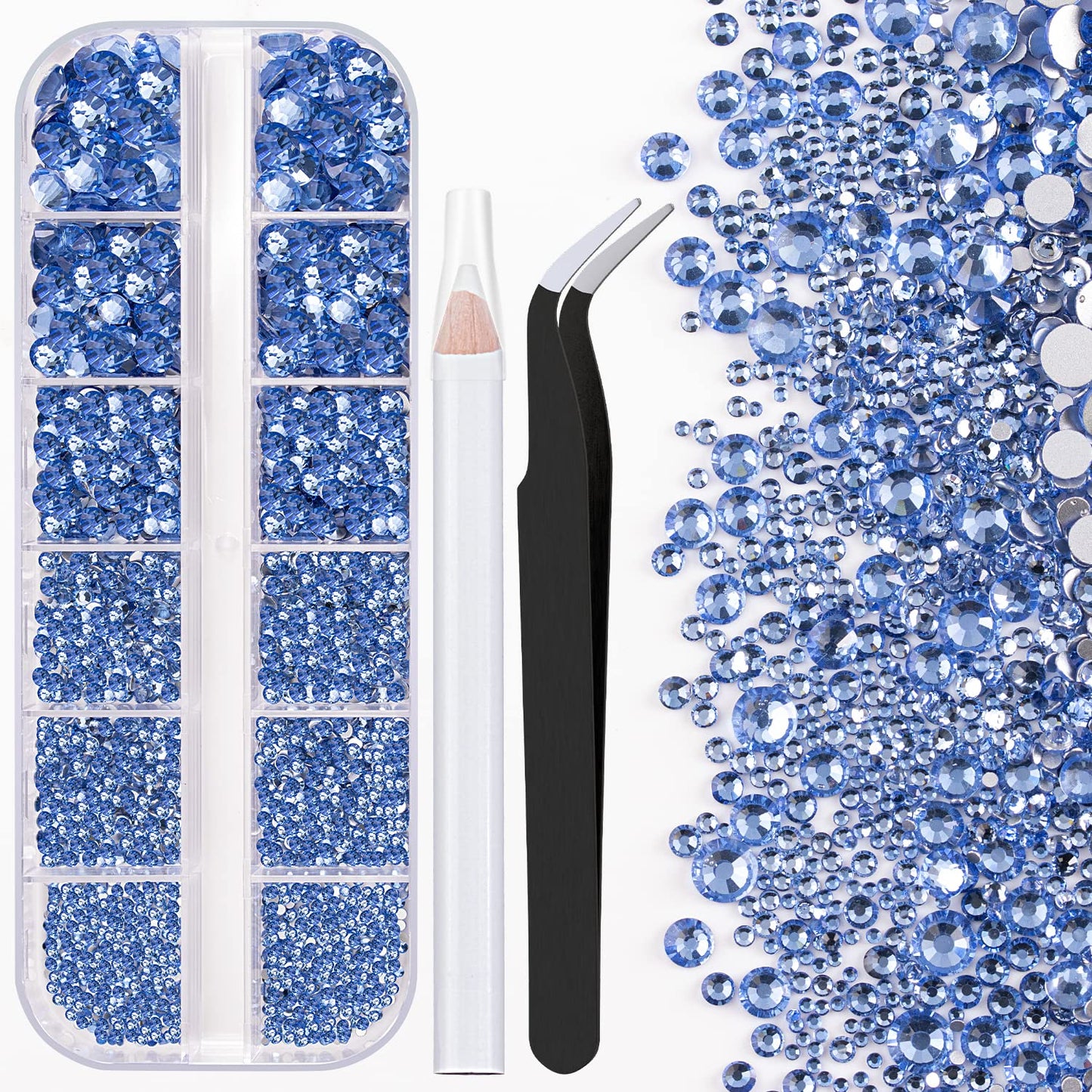 One Pack 2000 Pcs of Flatback Round Sky Blue Rhinestones 6 Sizes (1.5-6 mm) with Nail Art Rhinestone Picker Pencil and Tweezer for DIY and Salon Use-Velvo Beauty