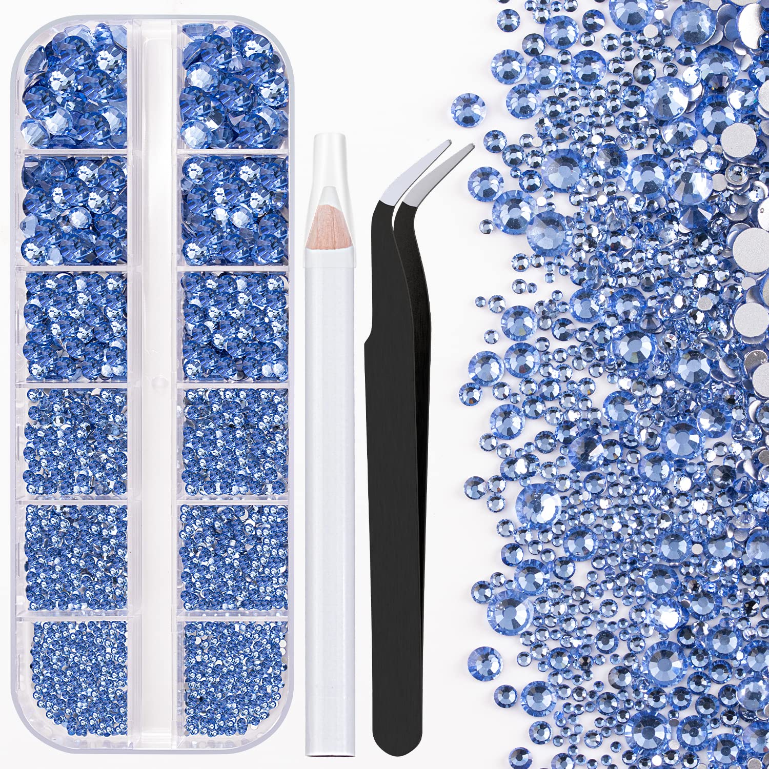 One Pack 2000 Pcs of Flatback Round Sky Blue Rhinestones 6 Sizes (1.5-6 mm) with Nail Art Rhinestone Picker Pencil and Tweezer for DIY and Salon Use-Velvo Beauty