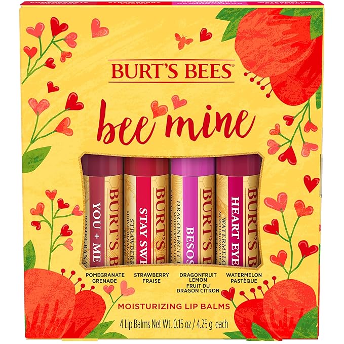 Burt's Bees Bee Mine Lip Balm Gift Set, Strawberry, Dragonfruit Lemon, Pomegranate and Watermelon, 4 Personalized Lip Balms, Pack May Vary-Velvo Beauty