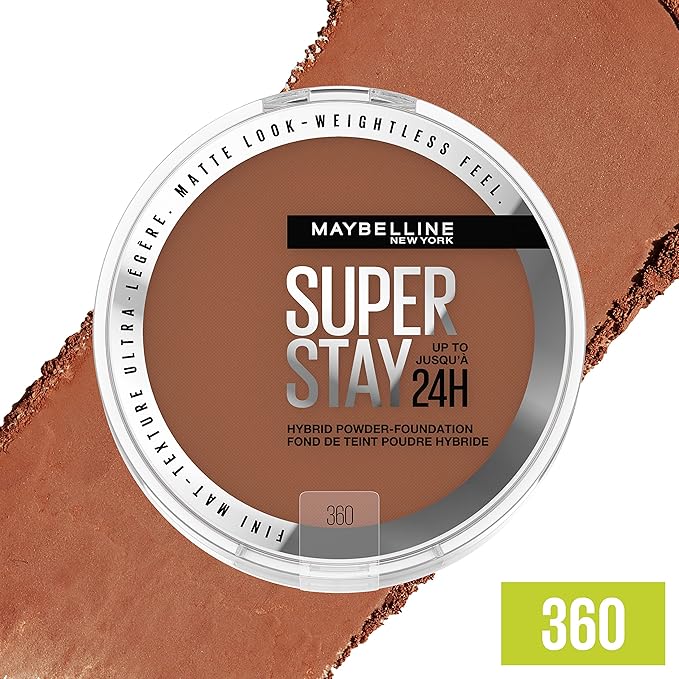 Maybelline Super Stay Up to 24HR Hybrid Powder-Foundation, Medium-to-Full Coverage Makeup, Matte Finish, 360, 1 Count-Velvo Beauty