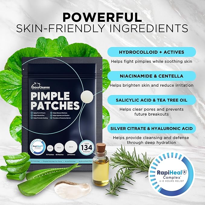 Pimple Patches for Face - 134 Count Hydrocolloid Acne Patches - Zit, Blemish, Cystic Acne Dots & Dark Spot Treatment - Invisible Clear Pimple Patch Stickers for Forehead, Chin, Nose, 3 Sizes (S, M, L)-Velvo Beauty