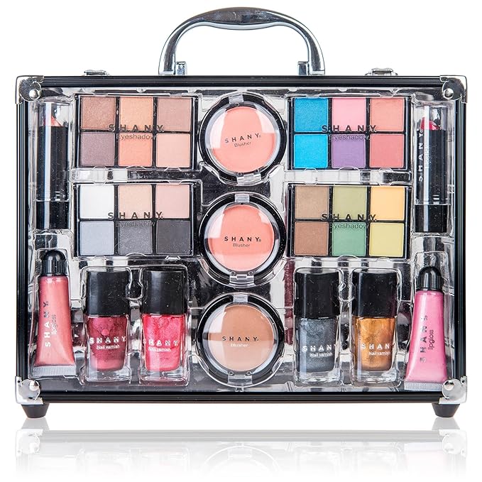 SHANY Carry All Trunk Makeup Train Case with Re-usable Aluminum Makeup Storage Case. Non Toxic Color Make up Set with Eye palettes, Blushes,Makeup Powders, Manicure, Pedicure and Makeup Brushes.-Velvo Beauty
