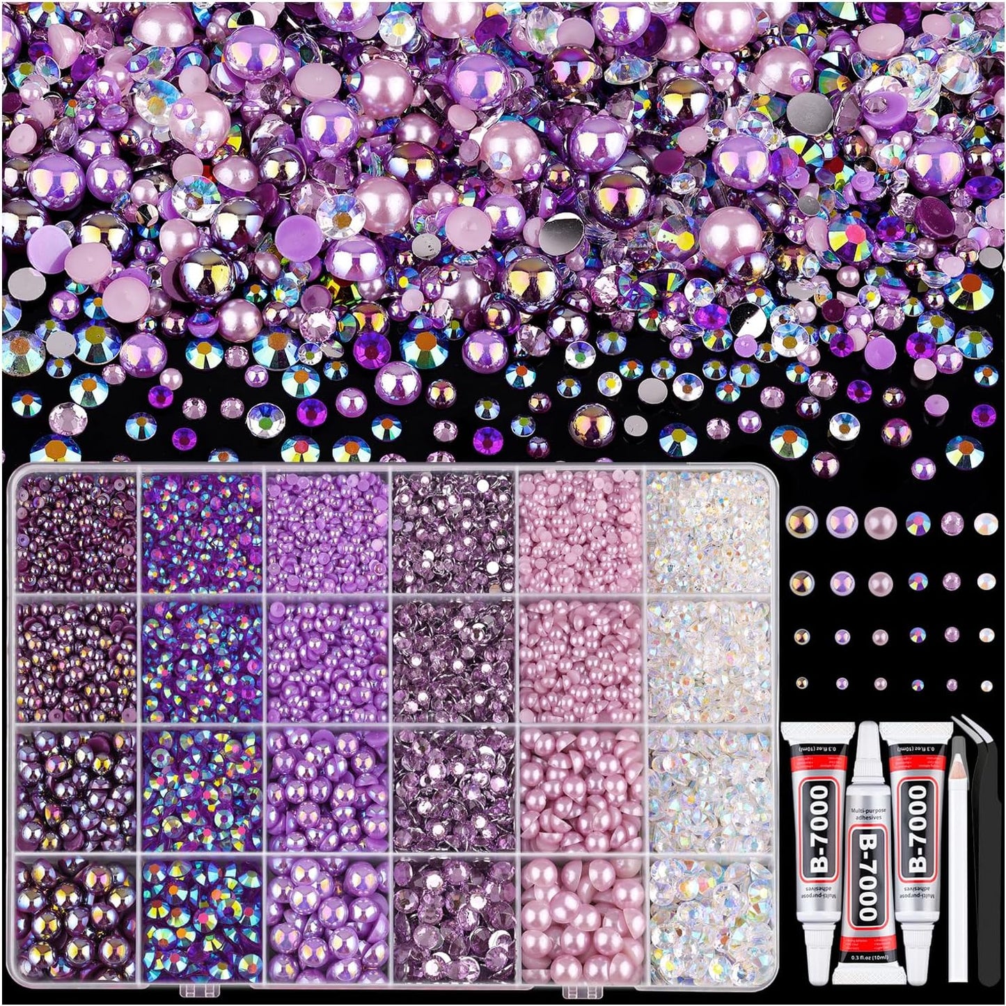 9000PCS Flatback Pearls and Rhinestones for Crafting, Purple 3-10mm Resin Rhinestones and Half Pearls for Bedazzling, Nail Art and Dec with 3pcs B7000 Jewelry Glue, Tweezer and Pickup Pencil-Velvo Beauty