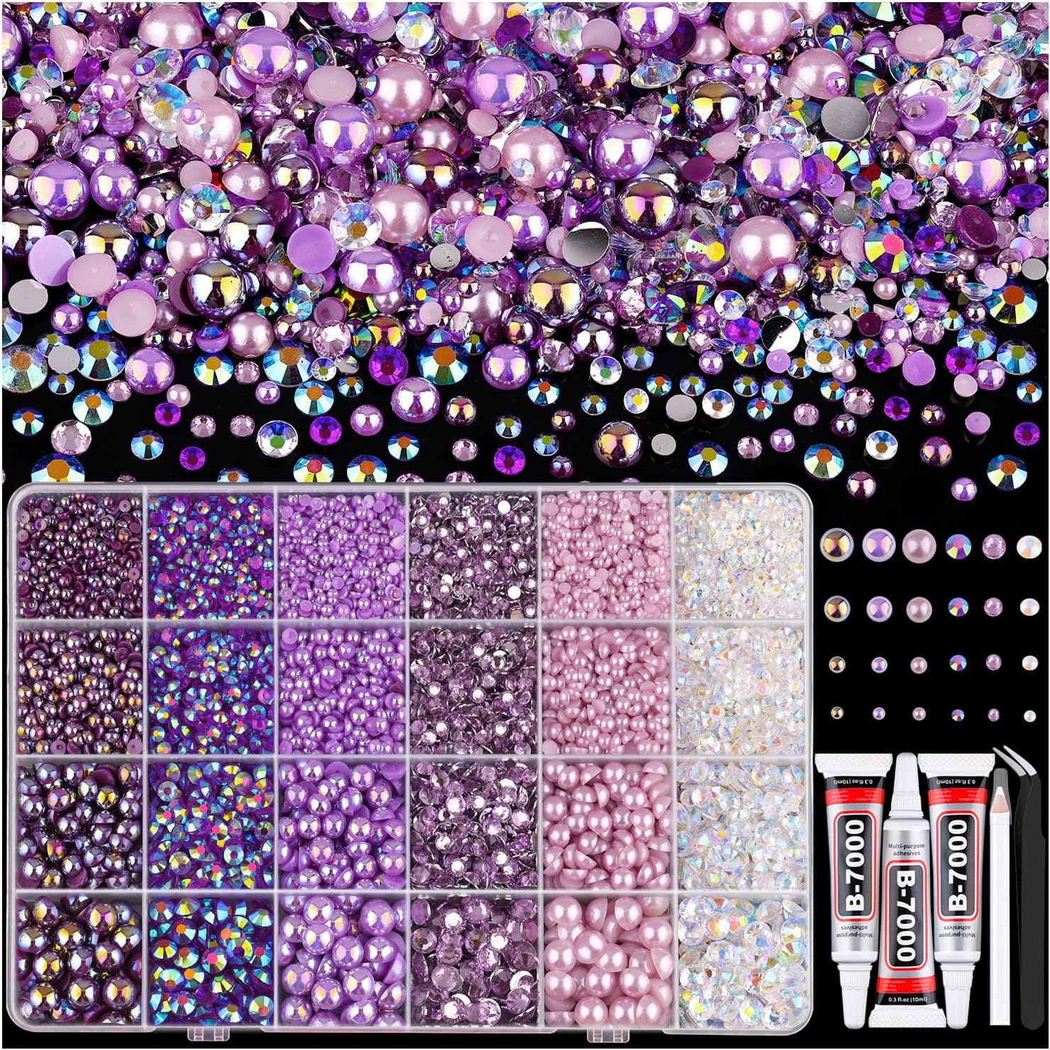 9000PCS Flatback Pearls and Rhinestones for Crafting, Purple 3-10mm Resin Rhinestones and Half Pearls for Bedazzling, Nail Art and Dec with 3pcs B7000 Jewelry Glue, Tweezer and Pickup Pencil-Velvo Beauty